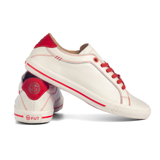 Daily Formal Active Wear Comfort Wide Fit Dakota Ivory Leather Footwear by FUT in City Collection with Red Accent and Stitches on Upper also Red Stretchlaces