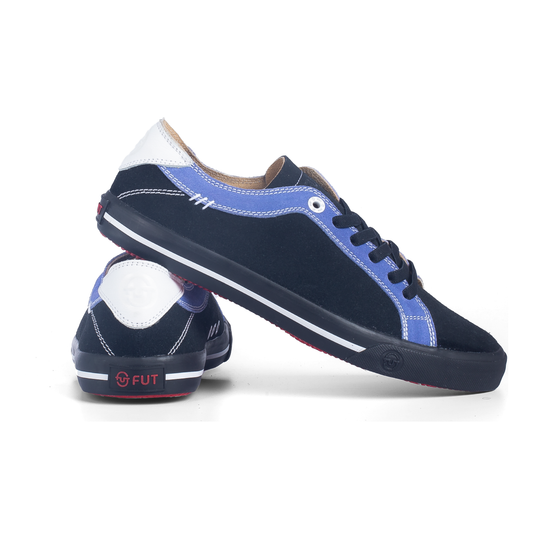 Daily Formal Active Wear Comfort Wide Fit Dakota Black Leather Footwear by FUT in City Collection with Blue and White Accents on Upper also Black Stretchlaces