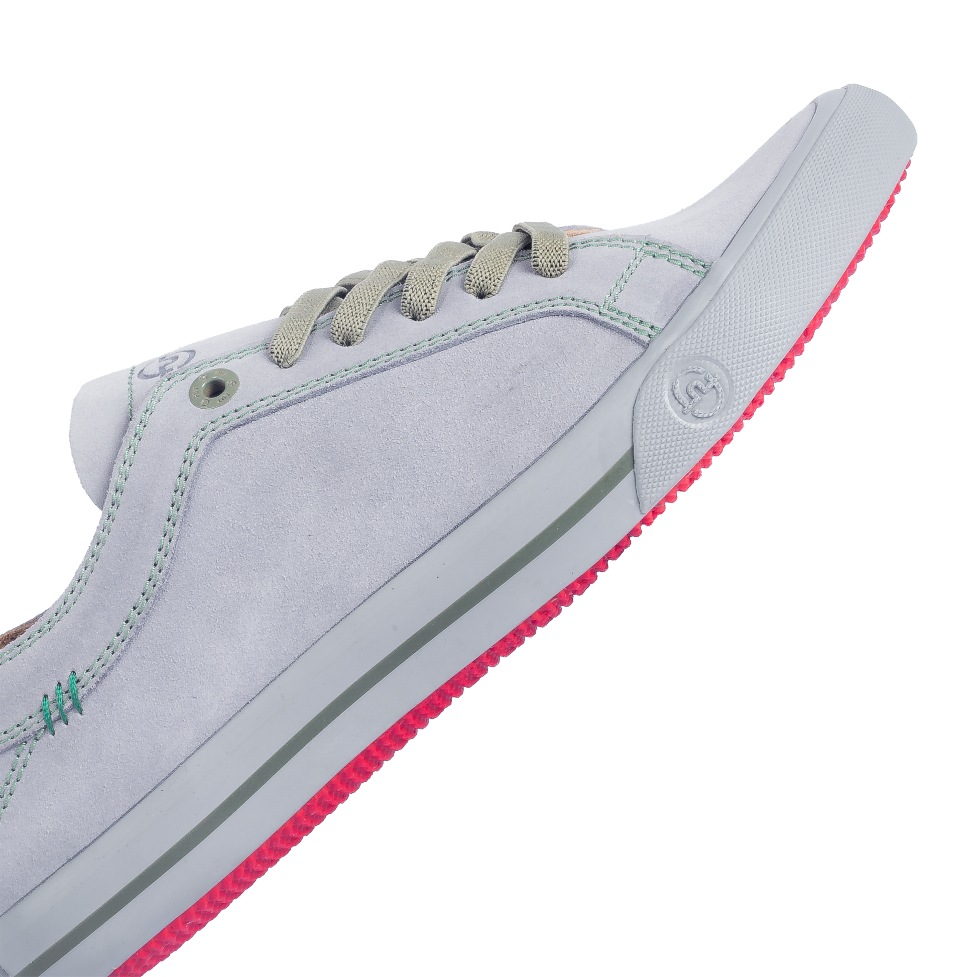 Daily Formal Active Wear Comfort Wide Fit Dakota Grey Leather Footwear by FUT in City Collection with Green Accent and Stitches on Upper also Green Stretchlaces Detail FUT Emboss Logo on Foxing Rubber View