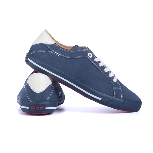 Daily Formal Active Wear Comfort Wide Fit Dakota Navy Leather Footwear by FUT in City Collection with Cream Accent and Stitches on Upper also Cream Stretchlaces