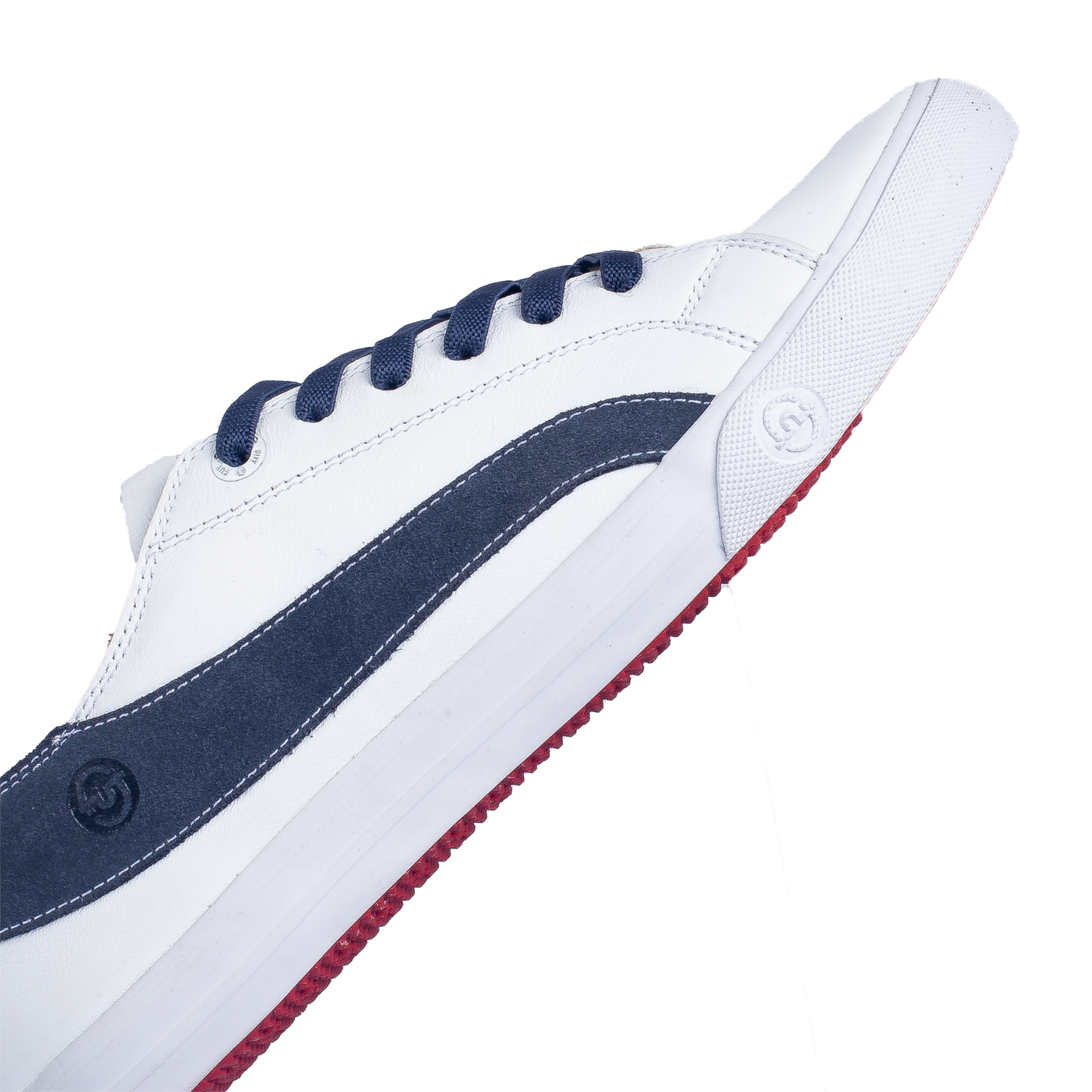 Premium Fashion Style Walking Daily in Comfort Wide Fit FUT Cape White Leather Footwear in City Collection with Navy Accent on Upper and Navy Elastic Laces Detail FUT Emboss Logo on Foxing Rubber View