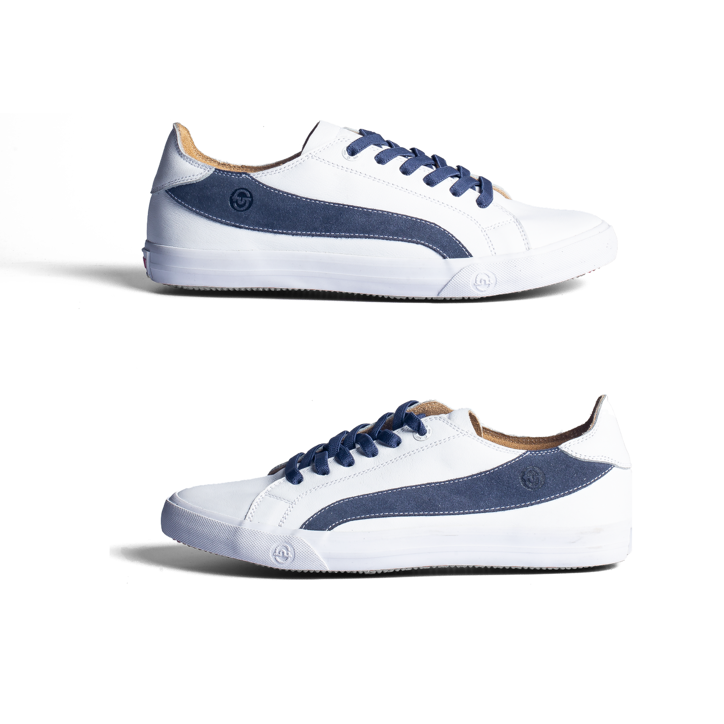 Premium Fashion Style Walking Daily in Comfort Wide Fit FUT Cape White Leather Footwear in City Collection with Navy Accent on Upper and Navy Elastic Laces Side View