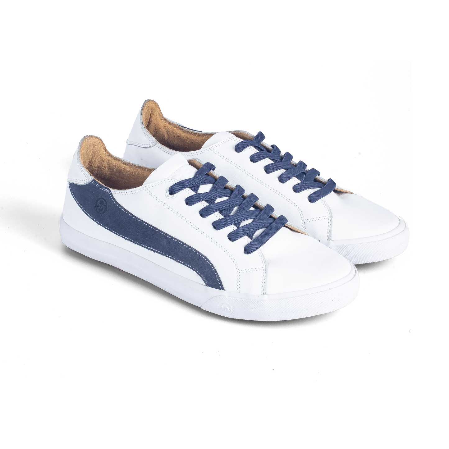 Premium Fashion Style Walking Daily in Comfort Wide Fit FUT Cape White Leather Footwear in City Collection with Navy Accent on Upper and Navy Elastic Laces Top View