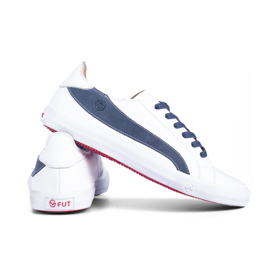 Premium Fashion Style Walking Daily in Comfort Wide Fit FUT Cape White Leather Footwear in City Collection with Navy Accent on Upper and Navy Elastic Laces
