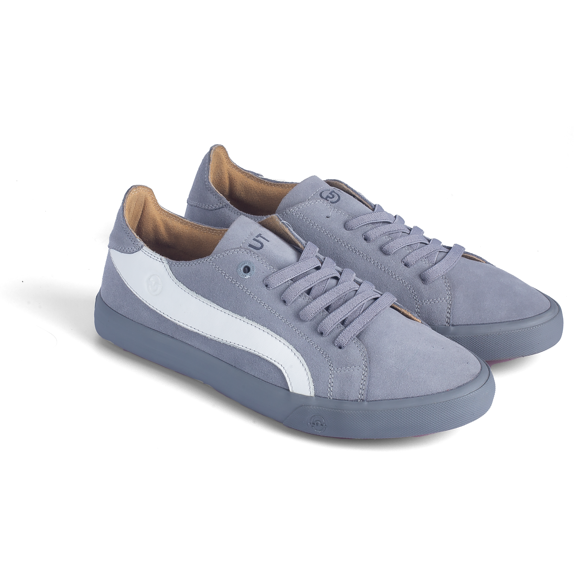 Premium Fashion Style Walking Daily in Comfort Wide Fit FUT Cape Grey Leather Footwear in City Collection with White Accent on Upper and Grey Elastic Laces Top View