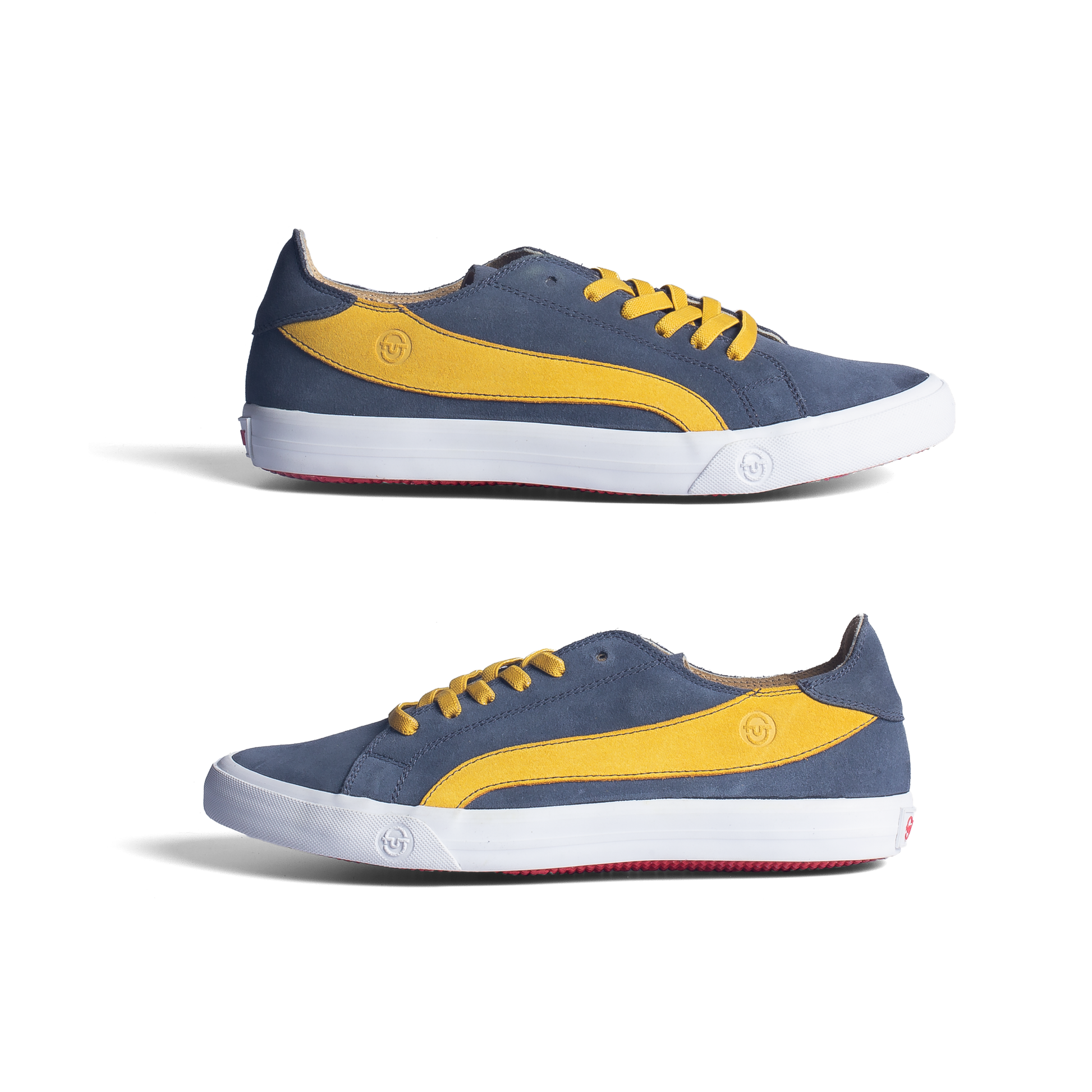 Premium Fashion Style Walking Daily in Comfort Wide Fit FUT Cape Navy Leather Footwear in City Collection with Yellow Accent on Upper and Yellow Elastic Laces Side View