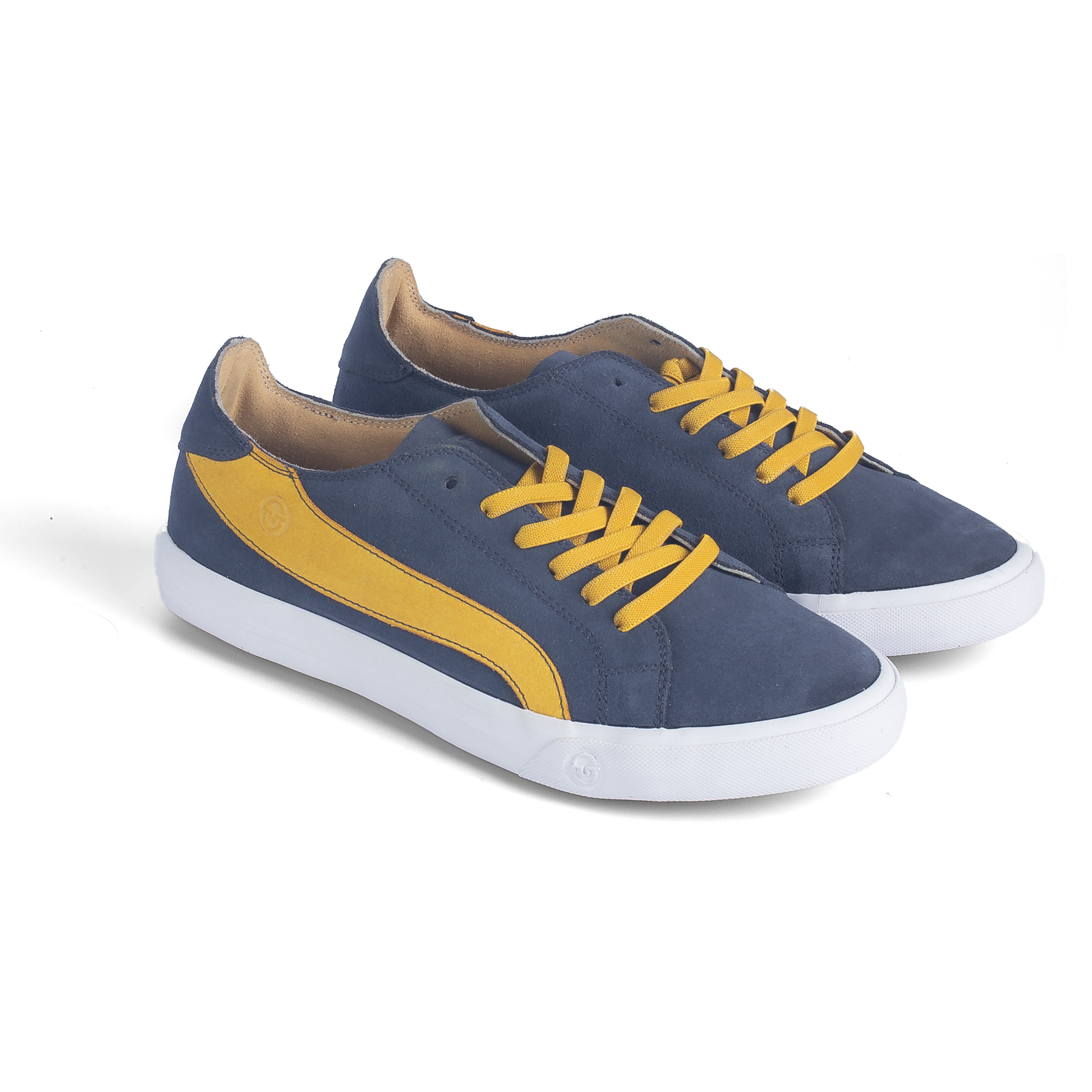 Premium Fashion Style Walking Daily in Comfort Wide Fit FUT Cape Navy Leather Footwear in City Collection with Yellow Accent on Upper and Yellow Elastic Laces Top View