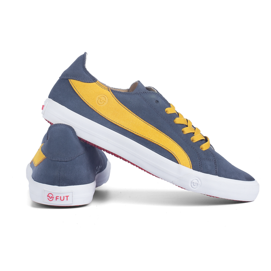 Premium Fashion Style Walking Daily in Comfort Wide Fit FUT Cape Navy Leather Footwear in City Collection with Yellow Accent on Upper and Yellow Elastic Laces
