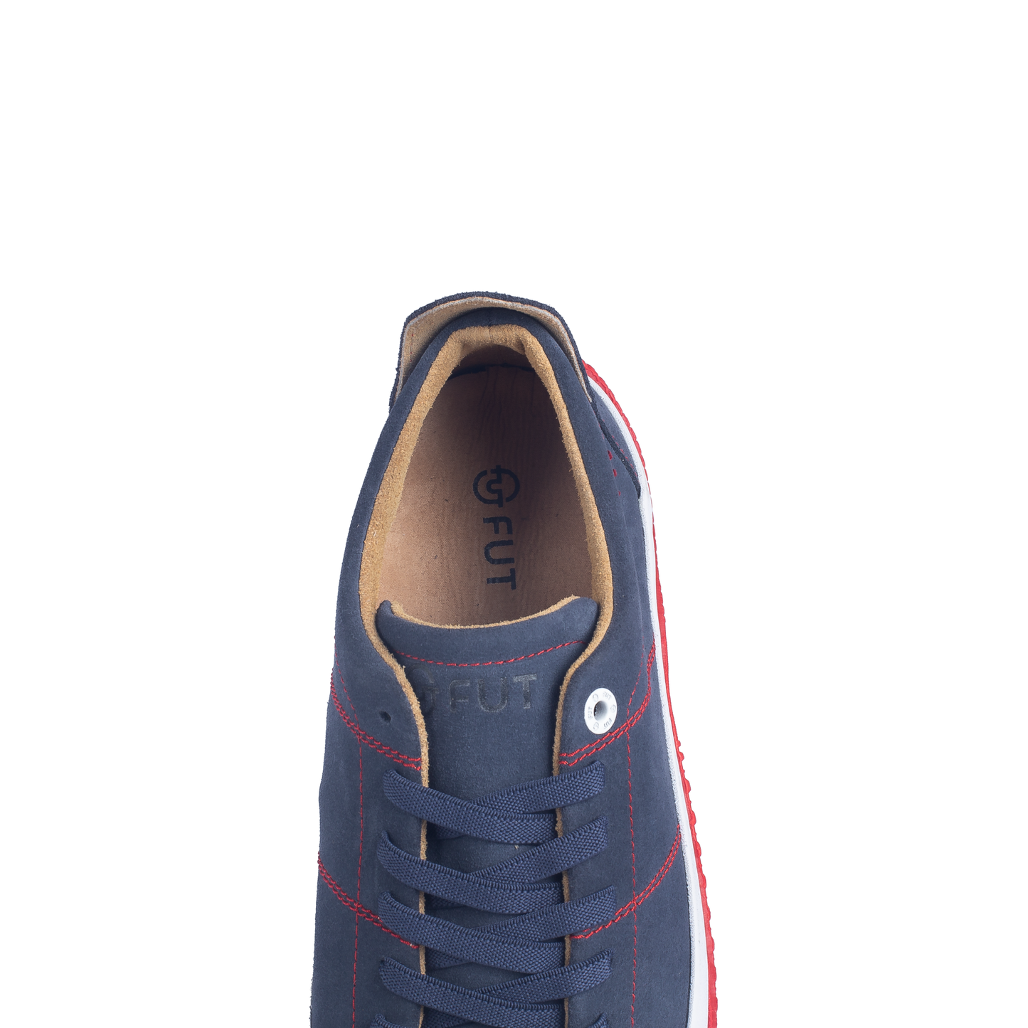 Premium Edison Navy Leather Footwear Comfort for Wider Feet by FUT in City Collection combined with Red Stitches Detail View