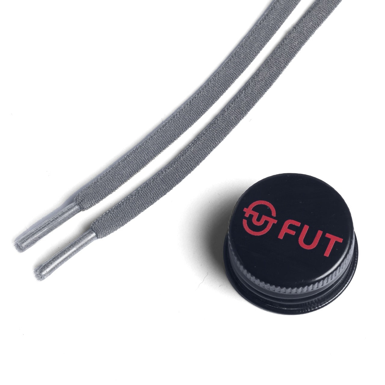 FUT Premium Durable Oval Elastic and Stretch fit for No Tie Shoelaces in Grey Color with FUT printed Bottle Cap