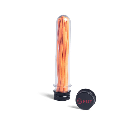 FUT Premium Durable Oval Elastic and Stretch fit for No Tie Shoelaces in Neon Orange Color packed in a tube bottle with FUT printed Bottle Cap